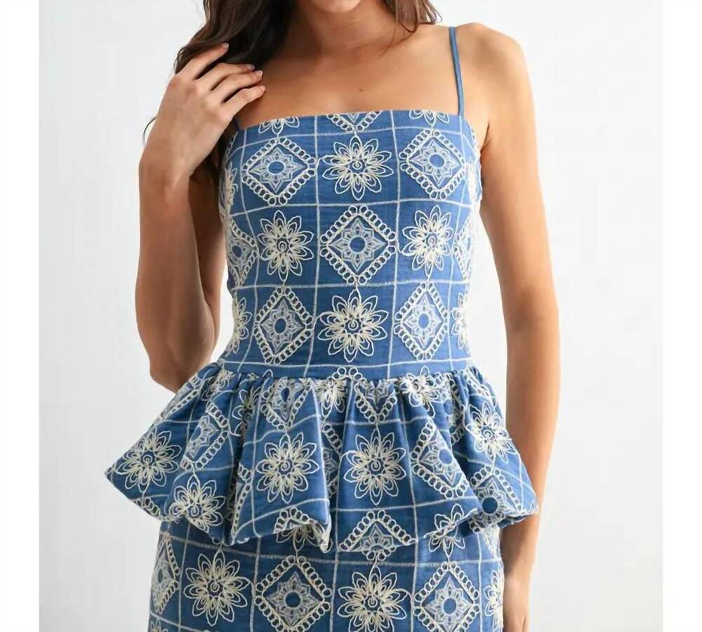 NEW CAMELLIA daisy embroidered peplum top in blue